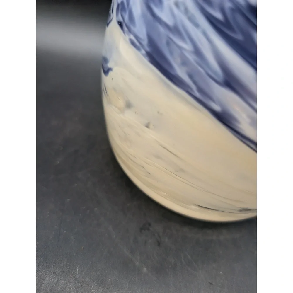 Hand Blown Art Glass Vase Navy Blue White Swirl Marbled Coastal Contemporary